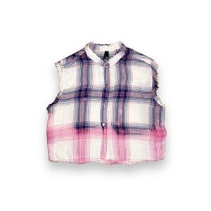 Reworked 7 For All Mankind Plaid Bleach Dyed Sleeveless Shirt Size Medium